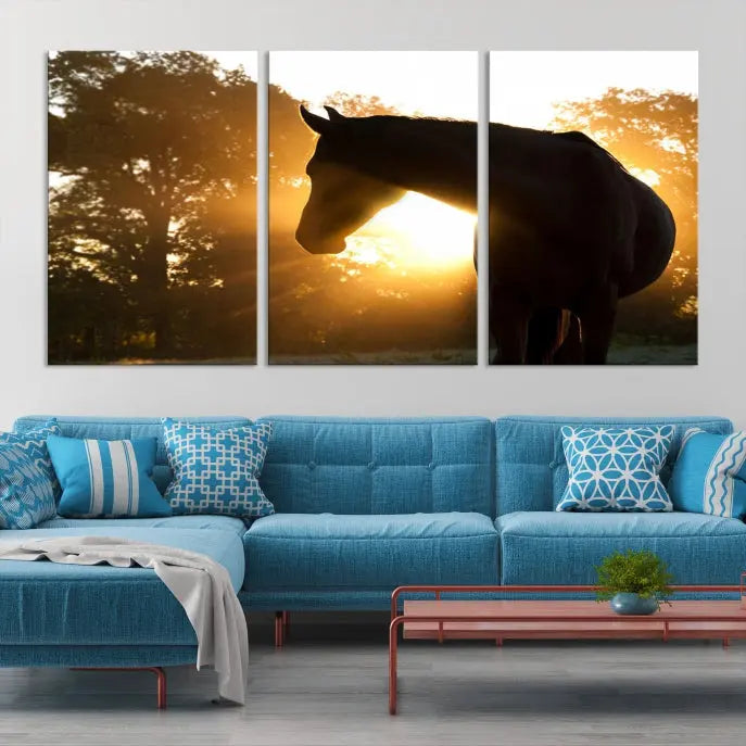 The living room features the "Horse at Sunset Wall Art Animal Canvas Print," which showcases horse silhouettes against a sunrise. These artworks are gallery wrapped on museum-quality canvas with a UV-protective coating to ensure lasting brilliance.