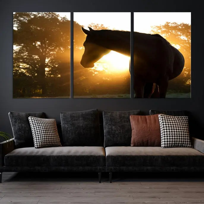 The living room features the "Horse at Sunset Wall Art Animal Canvas Print," which showcases horse silhouettes against a sunrise. These artworks are gallery wrapped on museum-quality canvas with a UV-protective coating to ensure lasting brilliance.