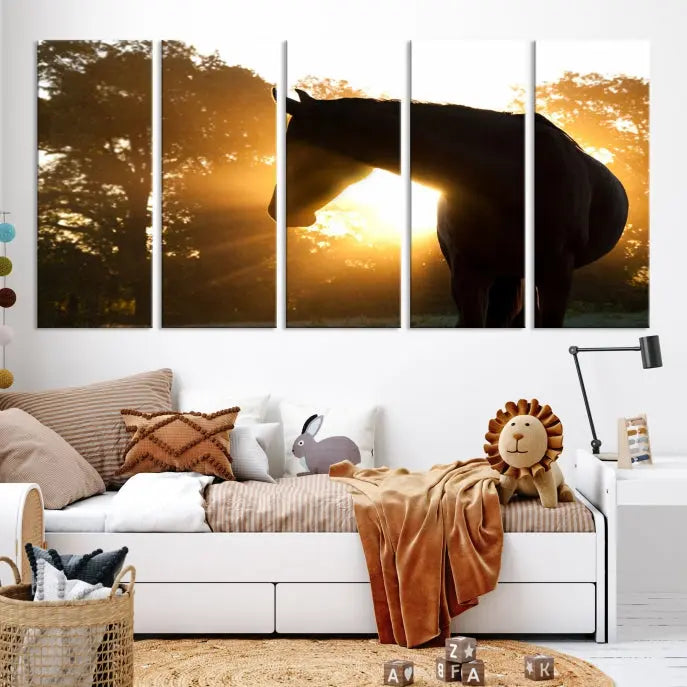 The living room features the "Horse at Sunset Wall Art Animal Canvas Print," which showcases horse silhouettes against a sunrise. These artworks are gallery wrapped on museum-quality canvas with a UV-protective coating to ensure lasting brilliance.