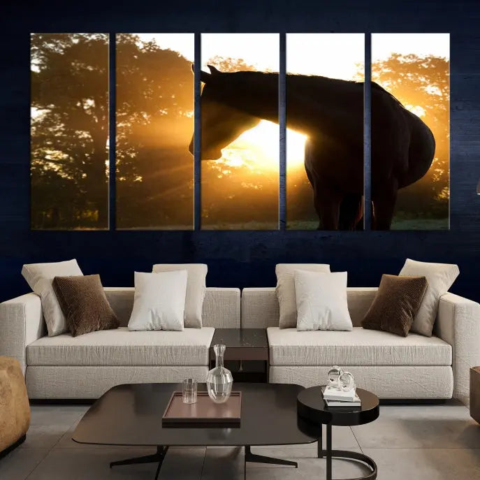 The living room features the "Horse at Sunset Wall Art Animal Canvas Print," which showcases horse silhouettes against a sunrise. These artworks are gallery wrapped on museum-quality canvas with a UV-protective coating to ensure lasting brilliance.