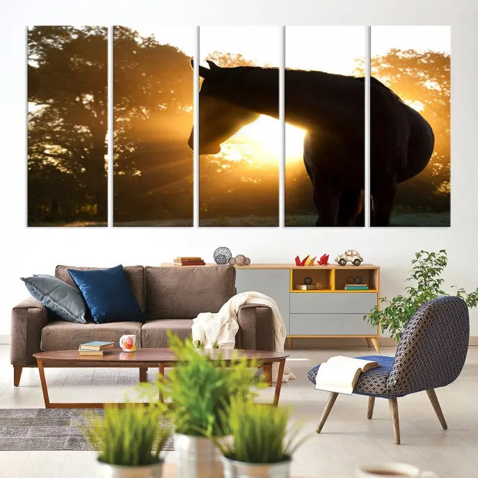 The living room features the "Horse at Sunset Wall Art Animal Canvas Print," which showcases horse silhouettes against a sunrise. These artworks are gallery wrapped on museum-quality canvas with a UV-protective coating to ensure lasting brilliance.