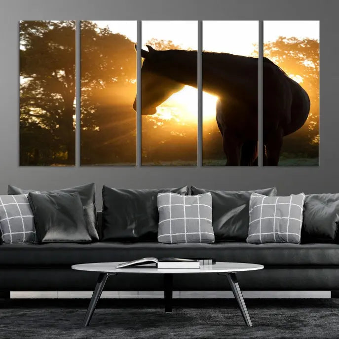 The living room features the "Horse at Sunset Wall Art Animal Canvas Print," which showcases horse silhouettes against a sunrise. These artworks are gallery wrapped on museum-quality canvas with a UV-protective coating to ensure lasting brilliance.