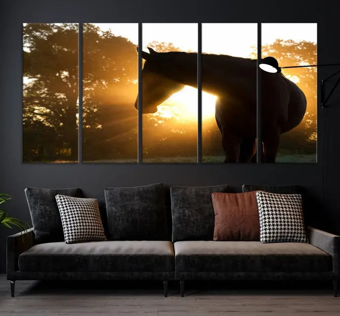 The living room features the "Horse at Sunset Wall Art Animal Canvas Print," which showcases horse silhouettes against a sunrise. These artworks are gallery wrapped on museum-quality canvas with a UV-protective coating to ensure lasting brilliance.