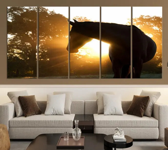 The living room features the "Horse at Sunset Wall Art Animal Canvas Print," which showcases horse silhouettes against a sunrise. These artworks are gallery wrapped on museum-quality canvas with a UV-protective coating to ensure lasting brilliance.