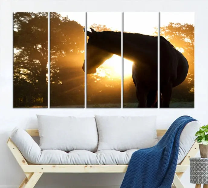 The living room features the "Horse at Sunset Wall Art Animal Canvas Print," which showcases horse silhouettes against a sunrise. These artworks are gallery wrapped on museum-quality canvas with a UV-protective coating to ensure lasting brilliance.