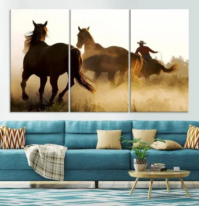 Introducing the "Horses and Cowboys Wall Art Canvas Print": a stunning three-panel artwork featuring horses and a rider, highlighted by the silhouette of a cowboy amidst a dusty sunset landscape. This masterpiece is crafted on museum-quality canvas, with each section gallery wrapped and finished with a UV-protective coating to maintain its vividness and elegance over time.