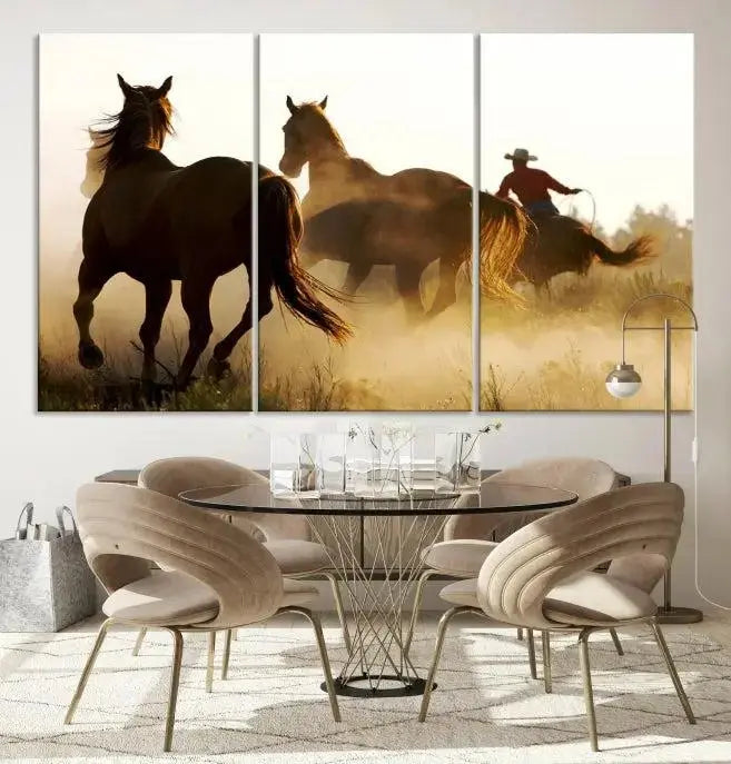 Introducing the "Horses and Cowboys Wall Art Canvas Print": a stunning three-panel artwork featuring horses and a rider, highlighted by the silhouette of a cowboy amidst a dusty sunset landscape. This masterpiece is crafted on museum-quality canvas, with each section gallery wrapped and finished with a UV-protective coating to maintain its vividness and elegance over time.