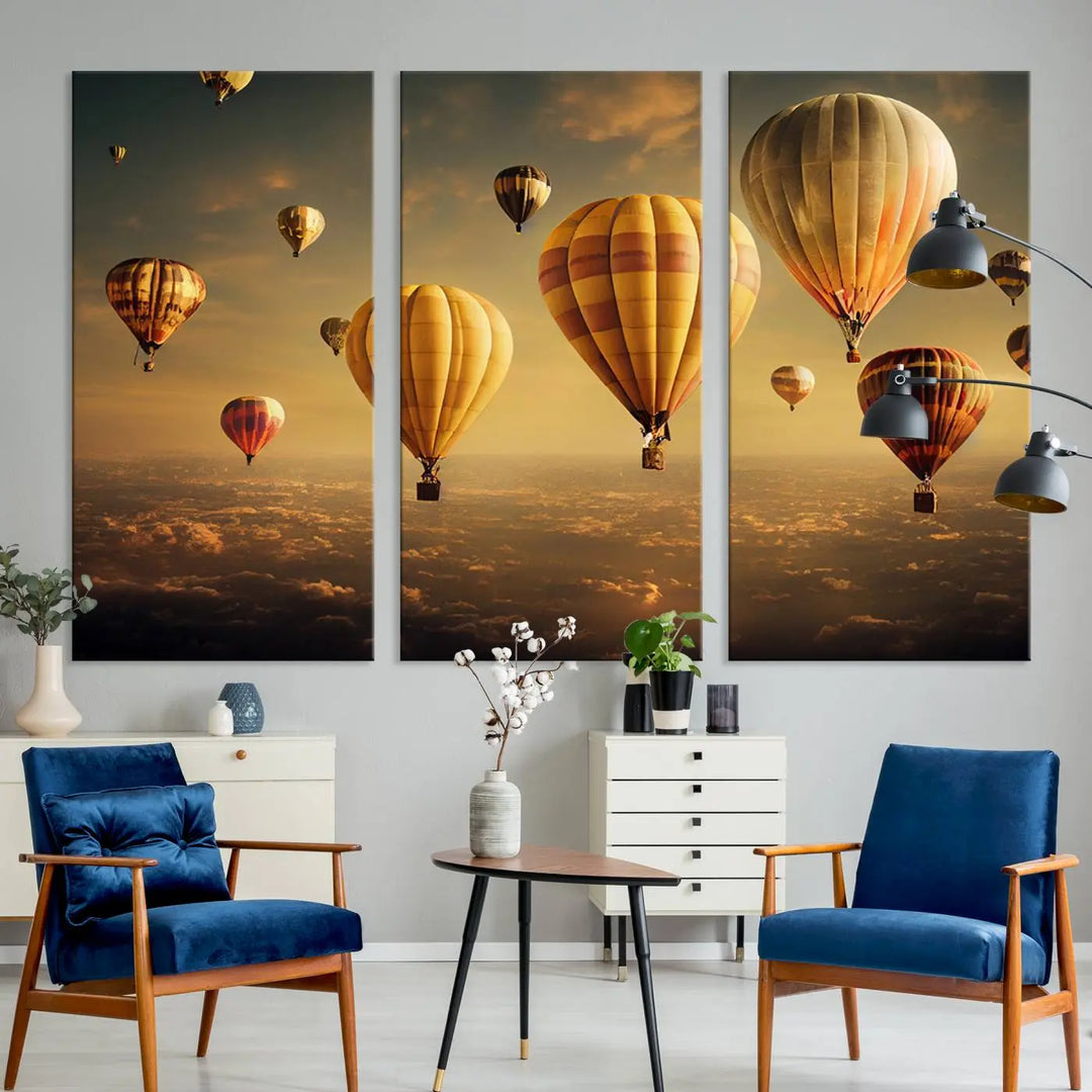 The living room features the captivating "Hot Balloon Wall Art Canvas Print," which displays a breathtaking landscape of balloons over Cappadocia at sunset. This piece is crafted on premium canvas for a gallery-quality finish.