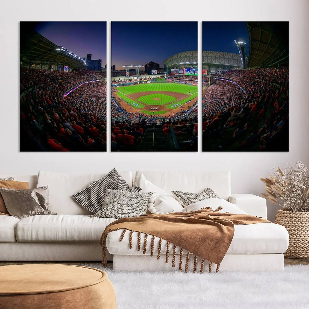 Houston Astros Baseball Team Print - Houston Minute Maid Park Stadium Wall Art Canvas Print showcases a striking panoramic view of a baseball stadium at night. This gallery-quality wall art on canvas is handmade in the USA and elegantly graces the space, elevating its charm.