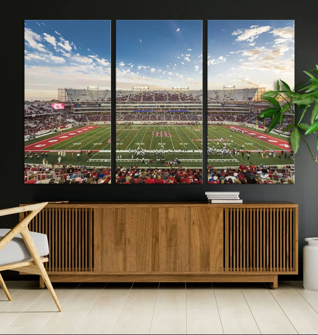 The Houston Cougars Football Team Print, depicting the TDECU Stadium on premium canvas, is displayed as a triptych.