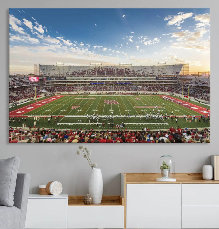 The Houston Cougars Football Team Print, depicting the TDECU Stadium on premium canvas, is displayed as a triptych.