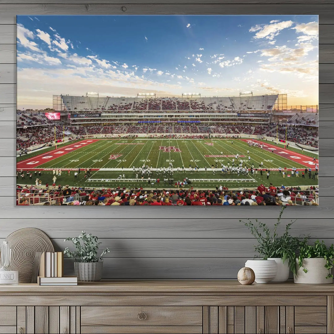 The Houston Cougars Football Team Print, depicting the TDECU Stadium on premium canvas, is displayed as a triptych.