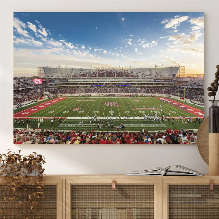 The Houston Cougars Football Team Print, depicting the TDECU Stadium on premium canvas, is displayed as a triptych.