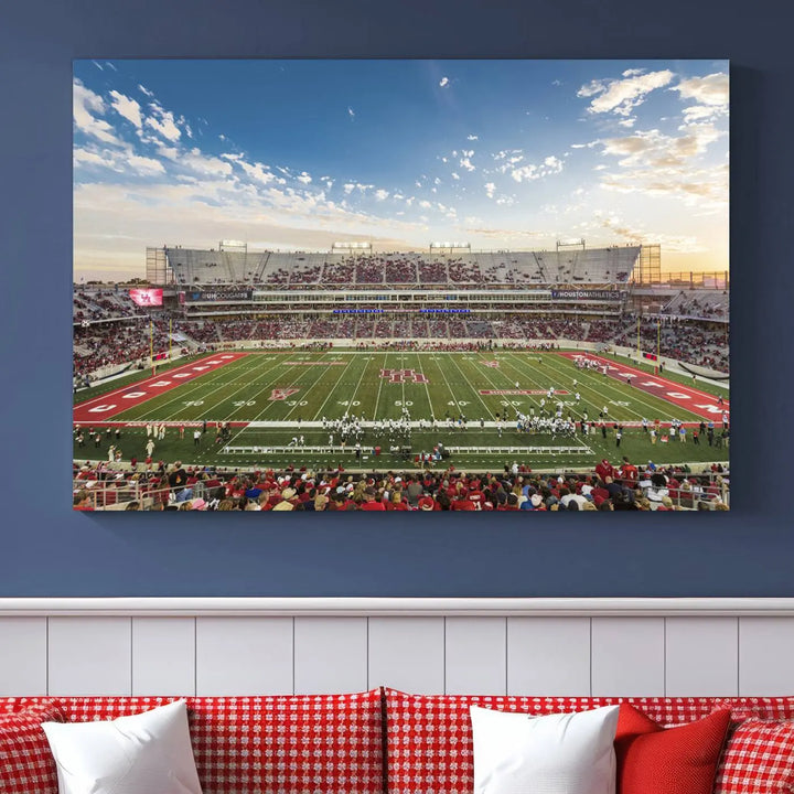 The Houston Cougars Football Team Print, depicting the TDECU Stadium on premium canvas, is displayed as a triptych.