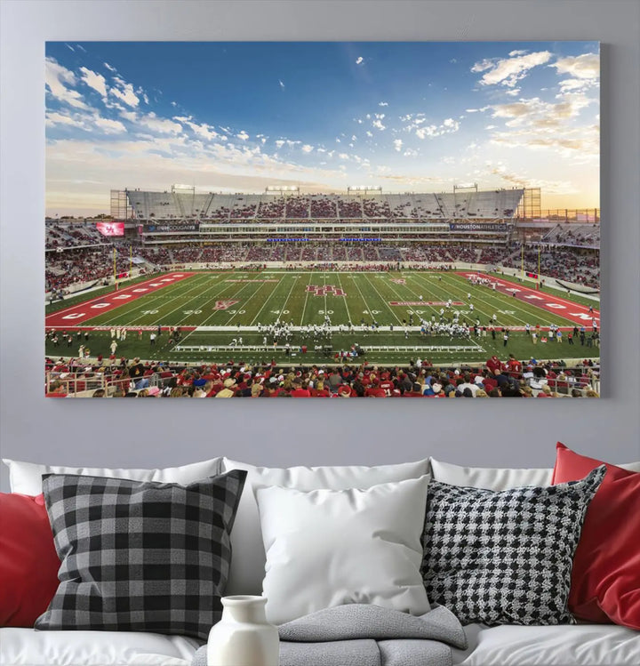 The Houston Cougars Football Team Print, depicting the TDECU Stadium on premium canvas, is displayed as a triptych.