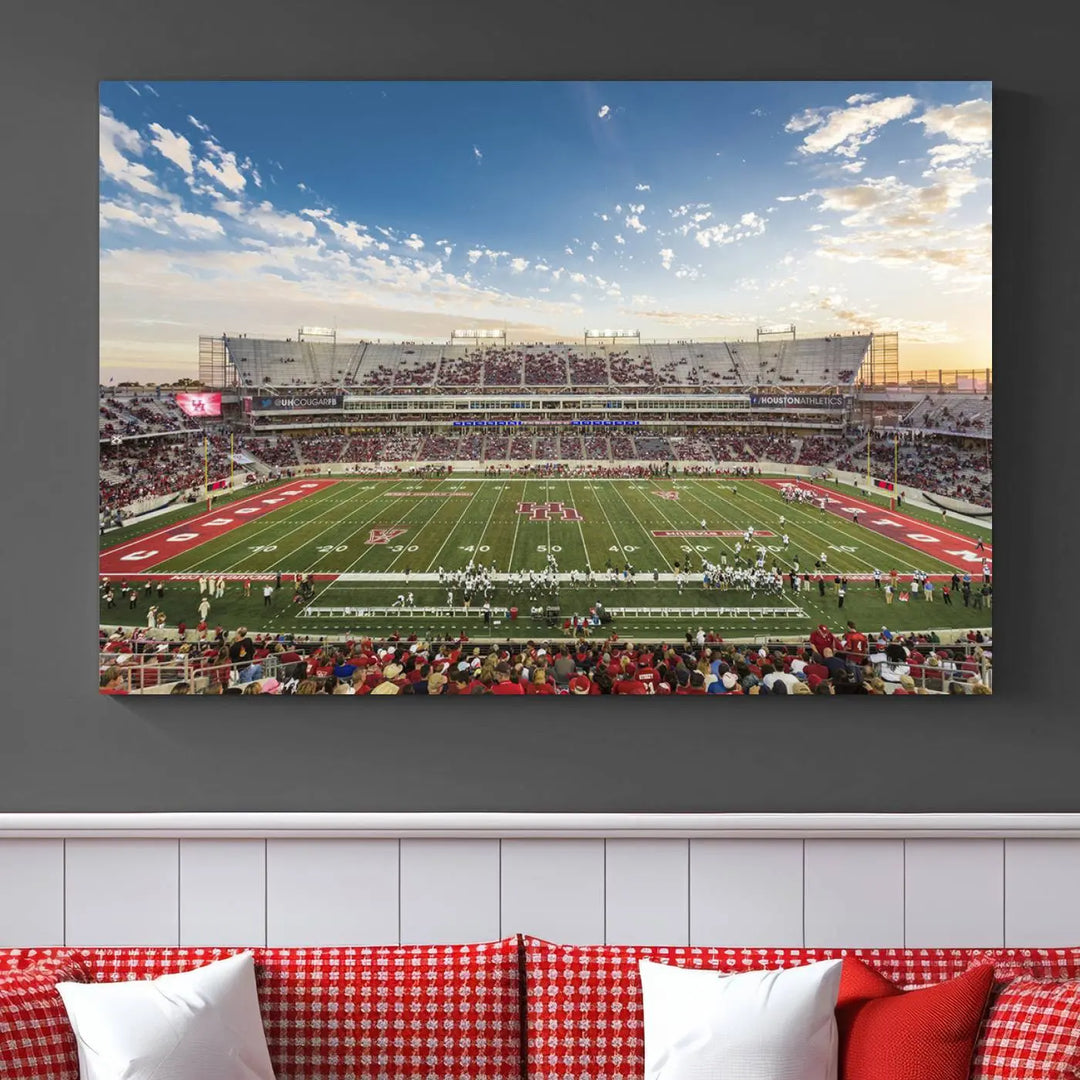 The Houston Cougars Football Team Print, depicting the TDECU Stadium on premium canvas, is displayed as a triptych.