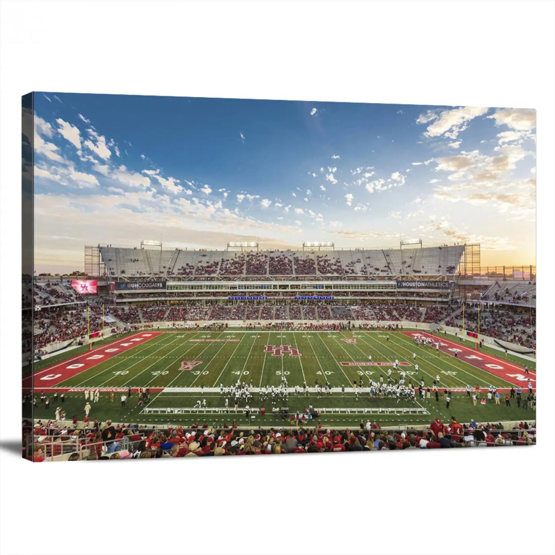 The Houston Cougars Football Team Print, depicting the TDECU Stadium on premium canvas, is displayed as a triptych.