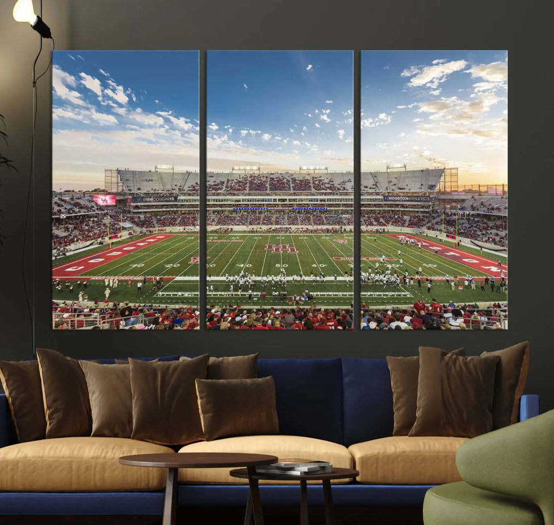 The Houston Cougars Football Team Print, depicting the TDECU Stadium on premium canvas, is displayed as a triptych.