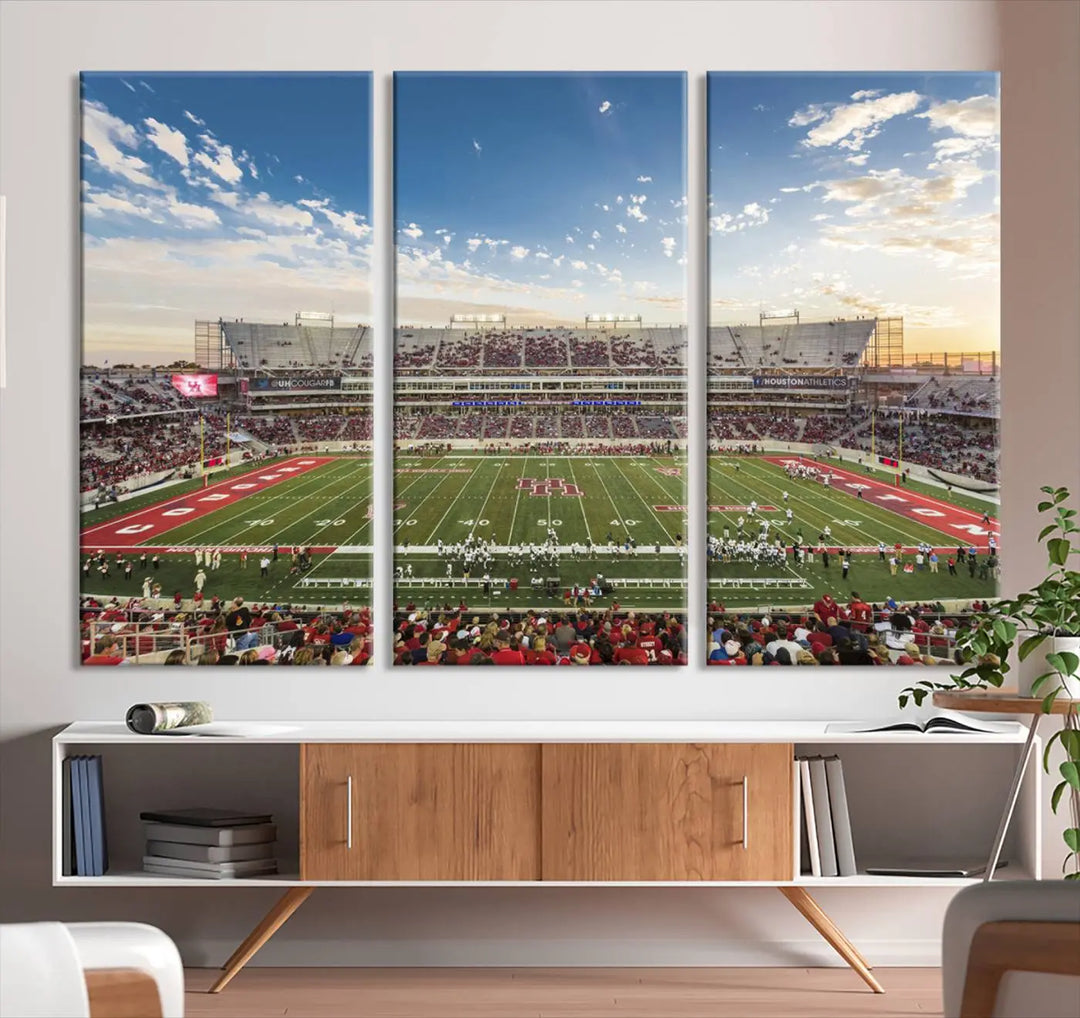 The Houston Cougars Football Team Print, depicting the TDECU Stadium on premium canvas, is displayed as a triptych.