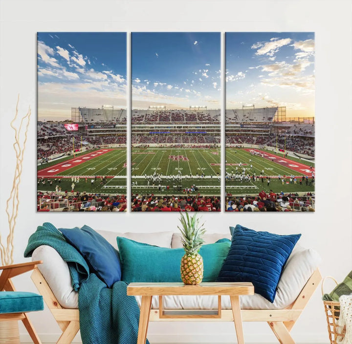 The Houston Cougars Football Team Print, depicting the TDECU Stadium on premium canvas, is displayed as a triptych.