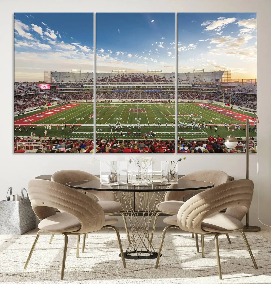 The Houston Cougars Football Team Print, depicting the TDECU Stadium on premium canvas, is displayed as a triptych.