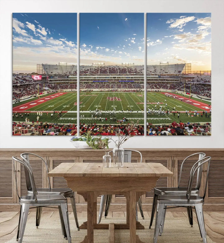 The Houston Cougars Football Team Print, depicting the TDECU Stadium on premium canvas, is displayed as a triptych.