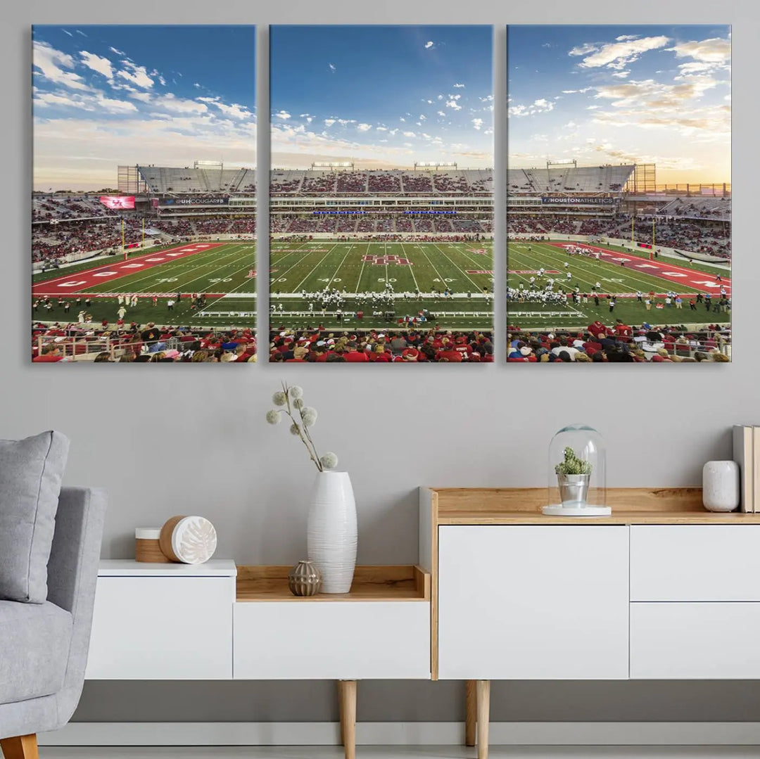 The Houston Cougars Football Team Print, depicting the TDECU Stadium on premium canvas, is displayed as a triptych.