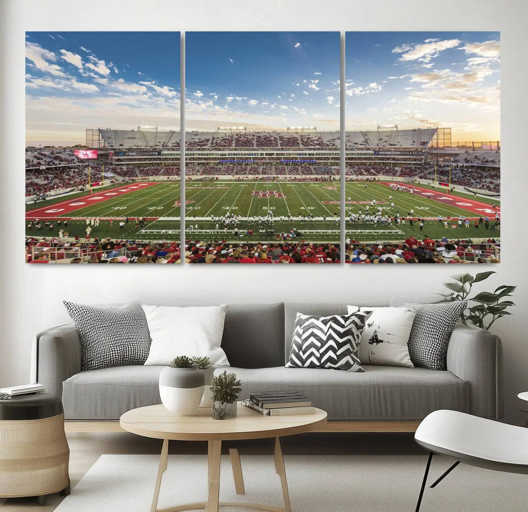 The Houston Cougars Football Team Print, depicting the TDECU Stadium on premium canvas, is displayed as a triptych.