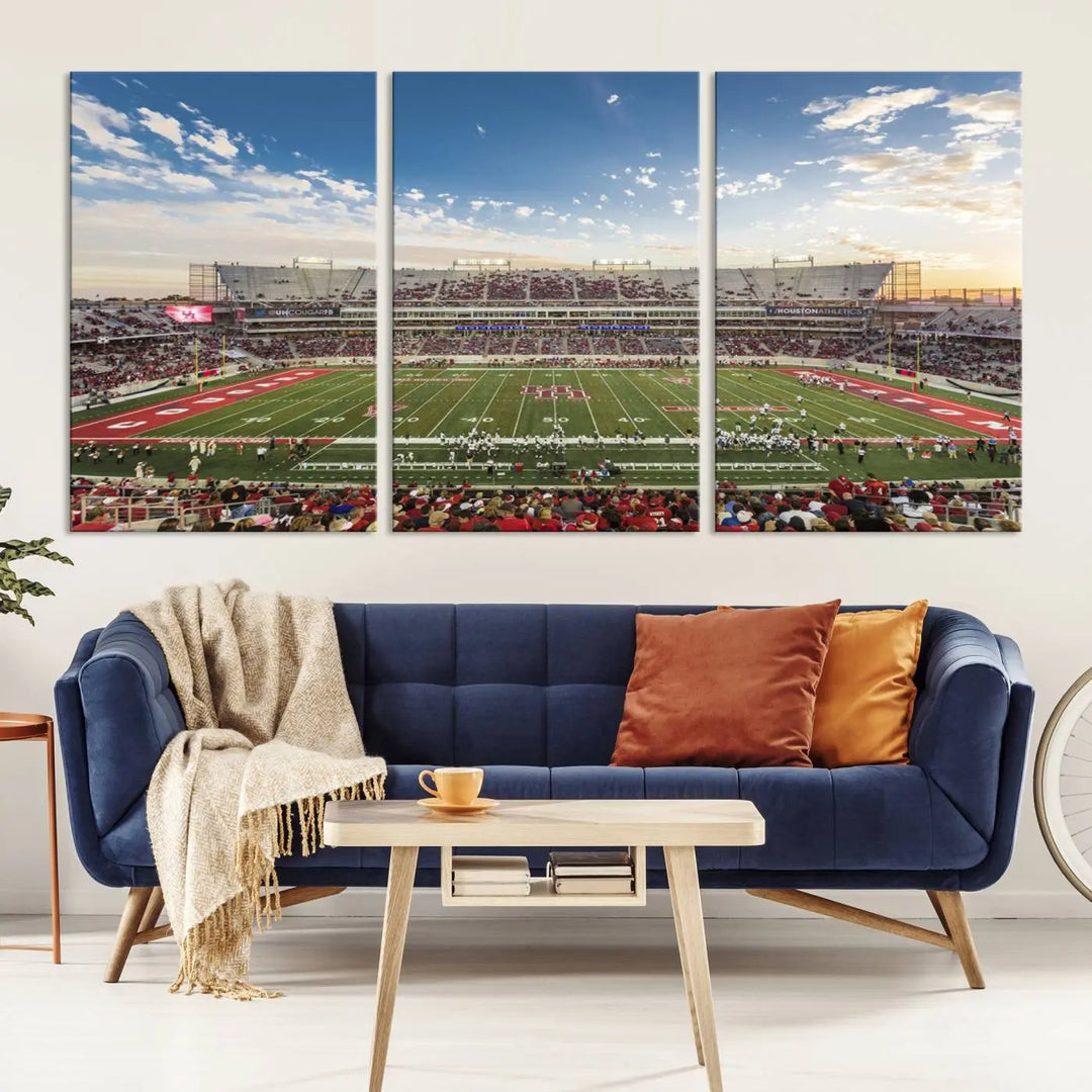 The Houston Cougars Football Team Print, depicting the TDECU Stadium on premium canvas, is displayed as a triptych.