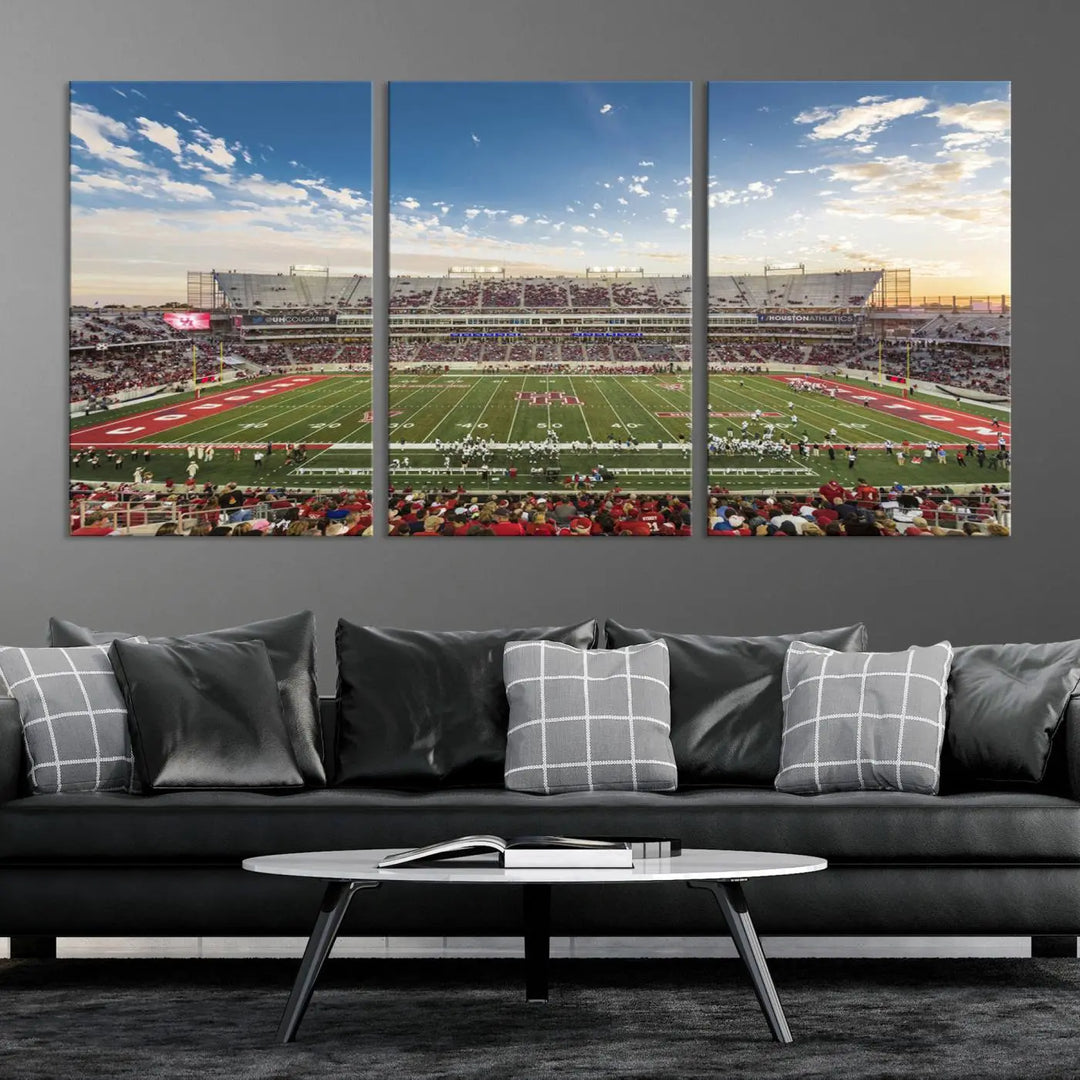 The Houston Cougars Football Team Print, depicting the TDECU Stadium on premium canvas, is displayed as a triptych.