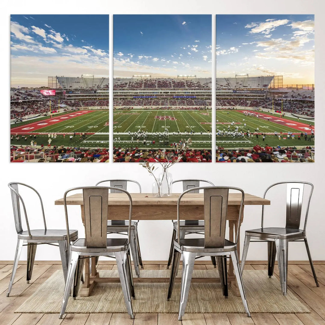 The Houston Cougars Football Team Print, depicting the TDECU Stadium on premium canvas, is displayed as a triptych.