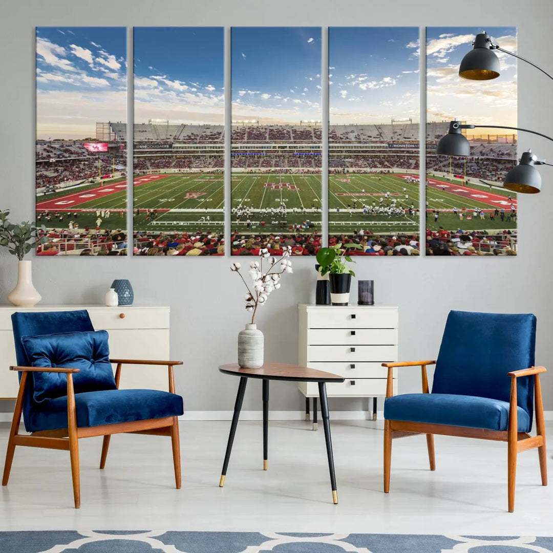 The Houston Cougars Football Team Print, depicting the TDECU Stadium on premium canvas, is displayed as a triptych.