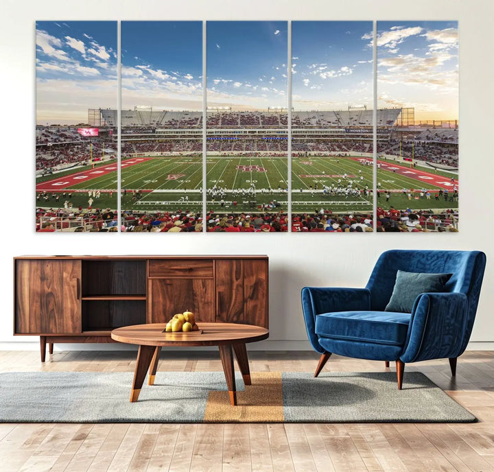 The Houston Cougars Football Team Print, depicting the TDECU Stadium on premium canvas, is displayed as a triptych.