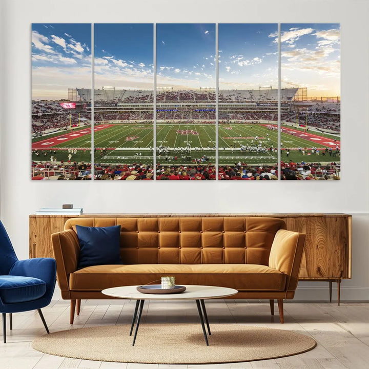 The Houston Cougars Football Team Print, depicting the TDECU Stadium on premium canvas, is displayed as a triptych.