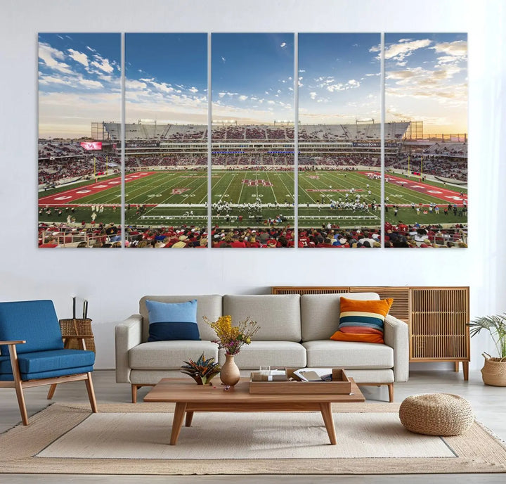 The Houston Cougars Football Team Print, depicting the TDECU Stadium on premium canvas, is displayed as a triptych.