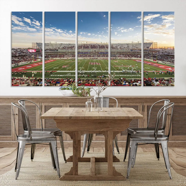 The Houston Cougars Football Team Print, depicting the TDECU Stadium on premium canvas, is displayed as a triptych.