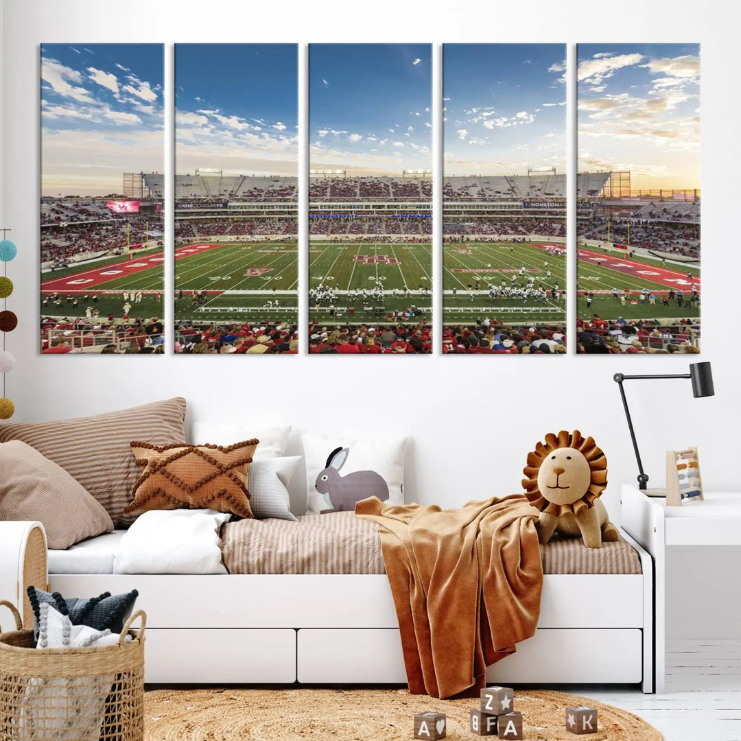 The Houston Cougars Football Team Print, depicting the TDECU Stadium on premium canvas, is displayed as a triptych.