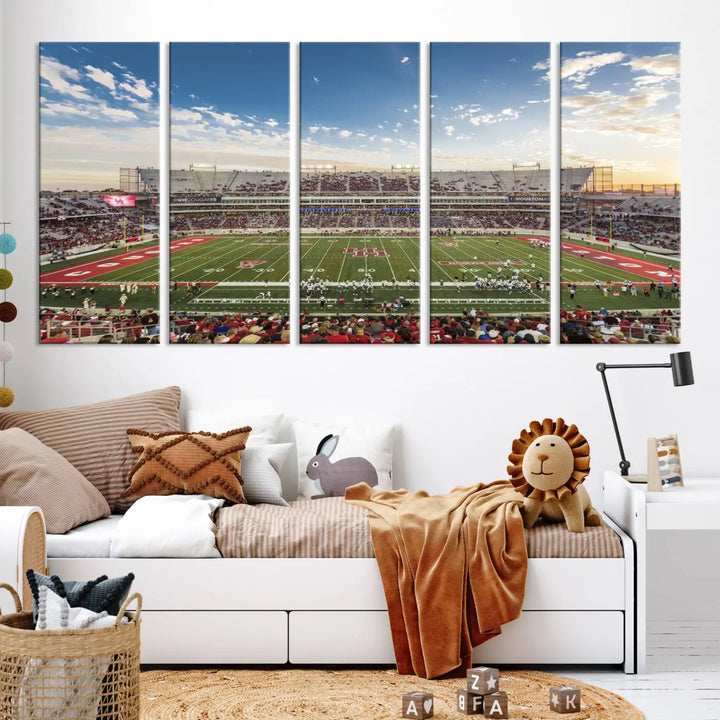 The Houston Cougars Football Team Print, depicting the TDECU Stadium on premium canvas, is displayed as a triptych.