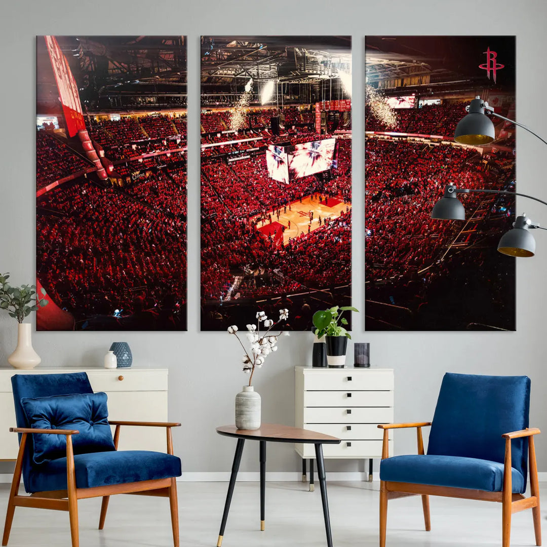 The Houston Rockets Basketball Team Print, a three-panel wall art handcrafted in the USA on premium canvas, captures the bustling atmosphere of Houston Toyota Center Stadium.