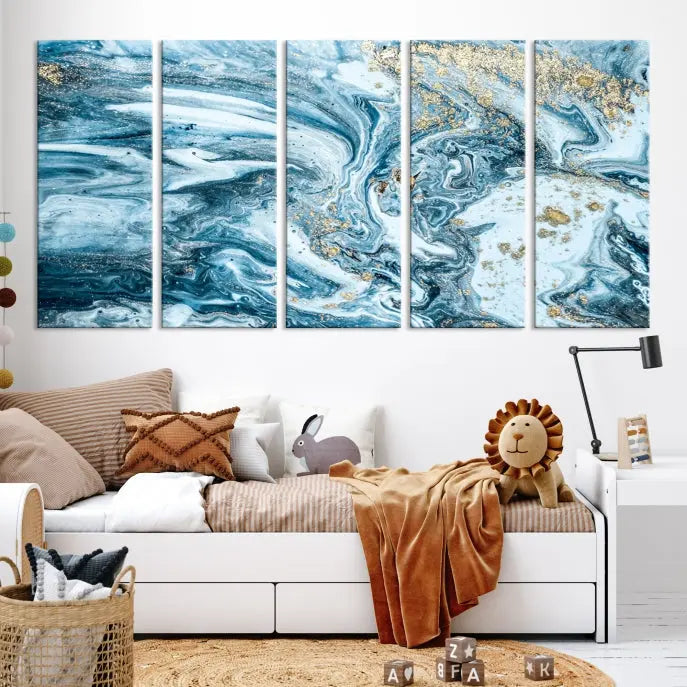 An eye-catching abstract wall art piece titled "Ice Blue Marble Fluid Effect" comes in a three-panel canvas. It is crafted on museum-quality polycotton canvas and features a UV-protective coating, making it an elegant addition to any living space.