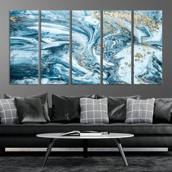 An eye-catching abstract wall art piece titled "Ice Blue Marble Fluid Effect" comes in a three-panel canvas. It is crafted on museum-quality polycotton canvas and features a UV-protective coating, making it an elegant addition to any living space.