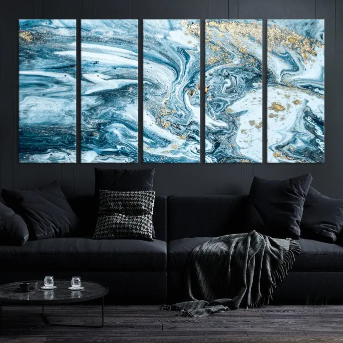 An eye-catching abstract wall art piece titled "Ice Blue Marble Fluid Effect" comes in a three-panel canvas. It is crafted on museum-quality polycotton canvas and features a UV-protective coating, making it an elegant addition to any living space.