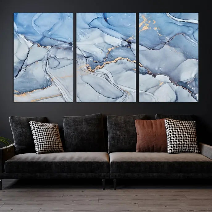 The "Ice Blue Marble Fluid Effect" abstract canvas wall art print, featuring a three-panel design, adorns the wall.