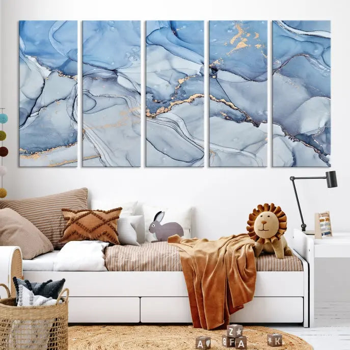 The "Ice Blue Marble Fluid Effect" abstract canvas wall art print, featuring a three-panel design, adorns the wall.