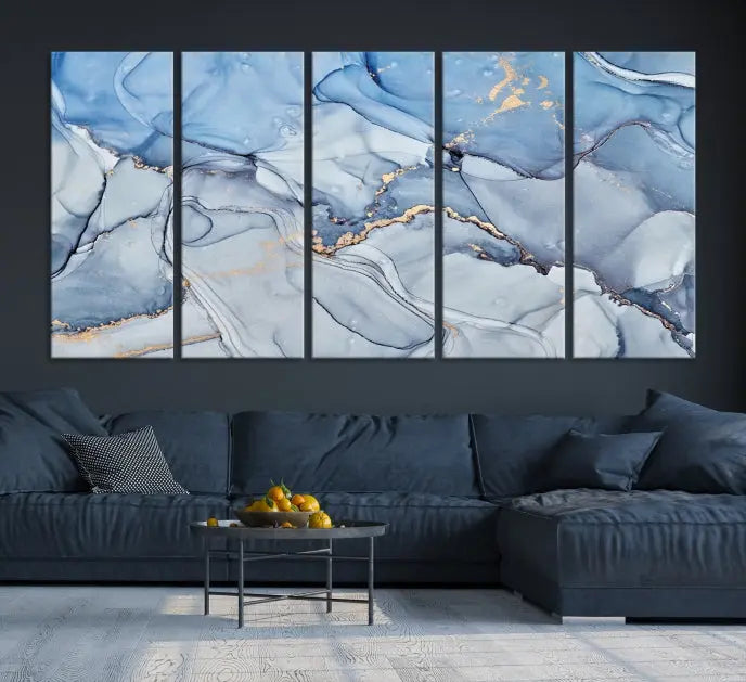 The "Ice Blue Marble Fluid Effect" abstract canvas wall art print, featuring a three-panel design, adorns the wall.