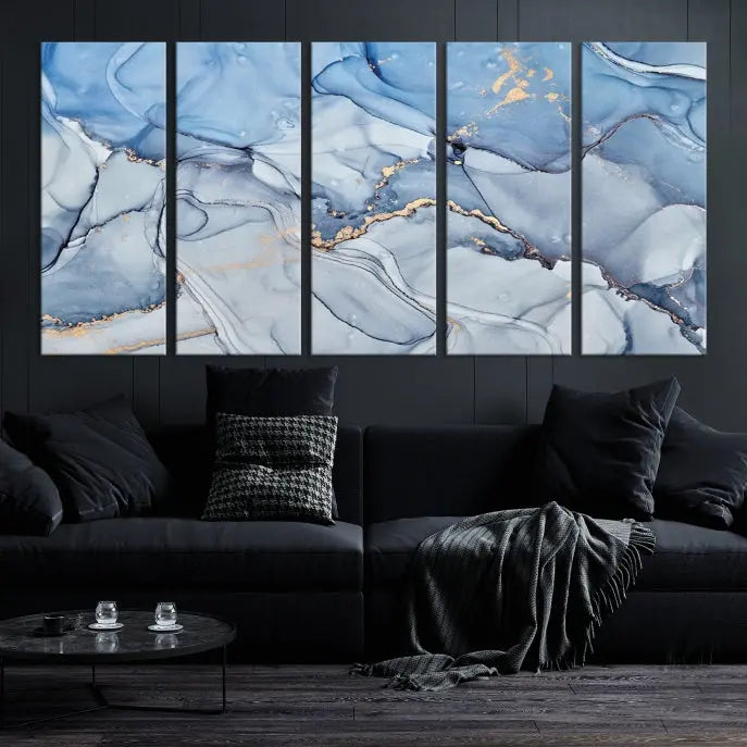 The "Ice Blue Marble Fluid Effect" abstract canvas wall art print, featuring a three-panel design, adorns the wall.