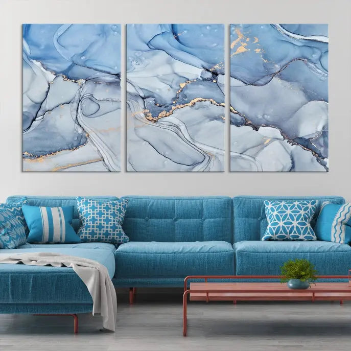 The Ice Blue Marble Fluid Effect Wall Art Abstract Canvas Wall Art Print adds an elegant touch to the room. These gallery-wrapped, museum-quality canvases are finished with a UV-protective coating, ensuring lasting vibrancy and allure.