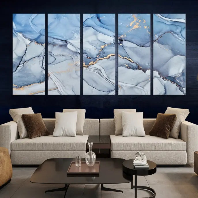 The Ice Blue Marble Fluid Effect Wall Art Abstract Canvas Wall Art Print adds an elegant touch to the room. These gallery-wrapped, museum-quality canvases are finished with a UV-protective coating, ensuring lasting vibrancy and allure.