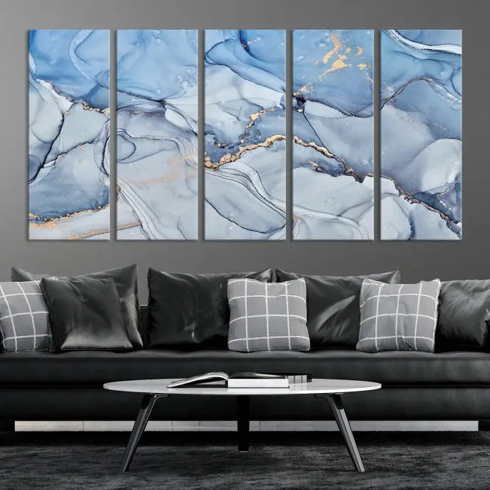 The Ice Blue Marble Fluid Effect Wall Art Abstract Canvas Wall Art Print adds an elegant touch to the room. These gallery-wrapped, museum-quality canvases are finished with a UV-protective coating, ensuring lasting vibrancy and allure.