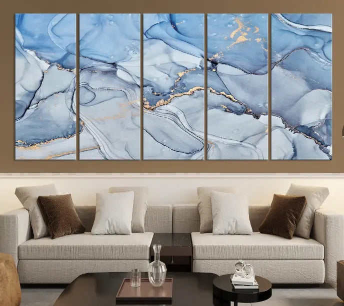 The Ice Blue Marble Fluid Effect Wall Art Abstract Canvas Wall Art Print adds an elegant touch to the room. These gallery-wrapped, museum-quality canvases are finished with a UV-protective coating, ensuring lasting vibrancy and allure.